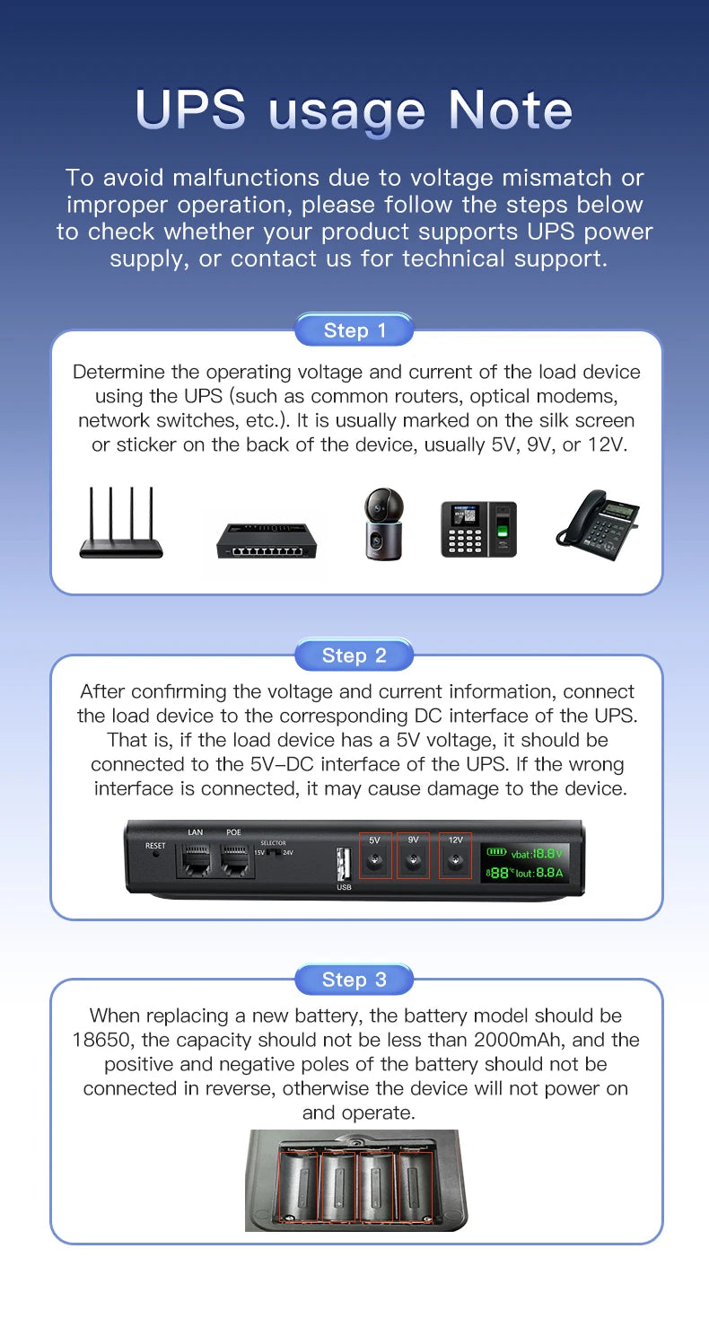 DC UPS Uninterruptible Power Supply System 5V-24V Output 4x18650 Replaceable Battery for Router NAS Modem and Security Monitor