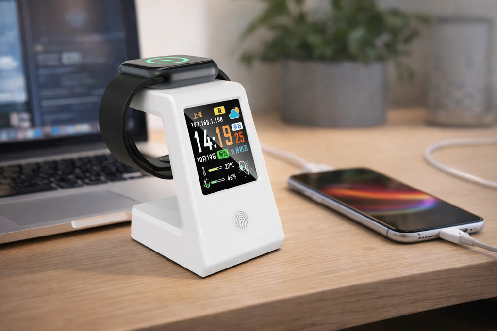 Smart WiFi weather clock, featuring wireless charging for watches, digital table clock, real-time weather display, touch control