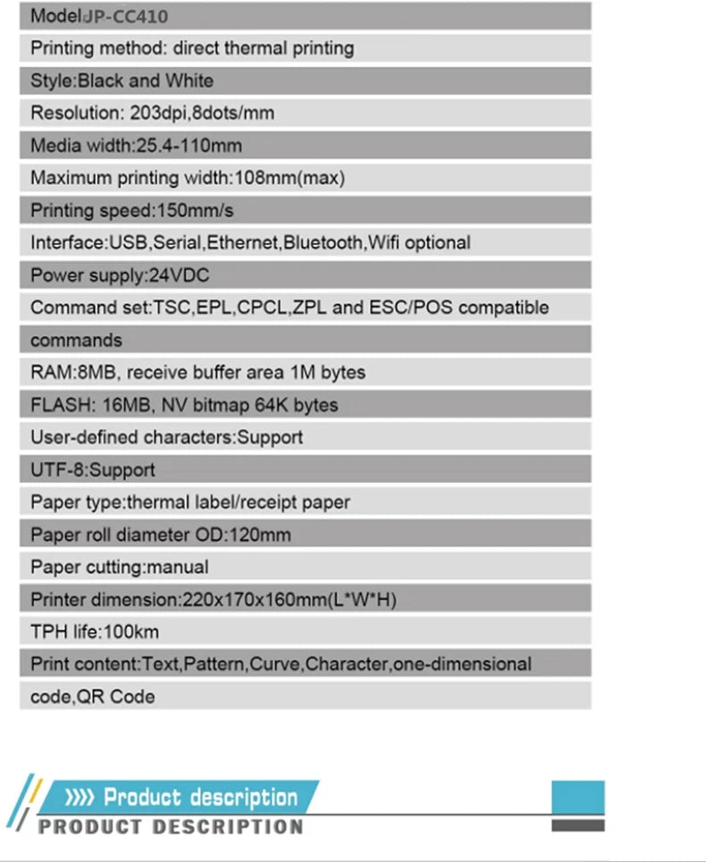 4 inch thermal label blue tooth printer support Android and iOS 110mm label barcode sticker printer CC410