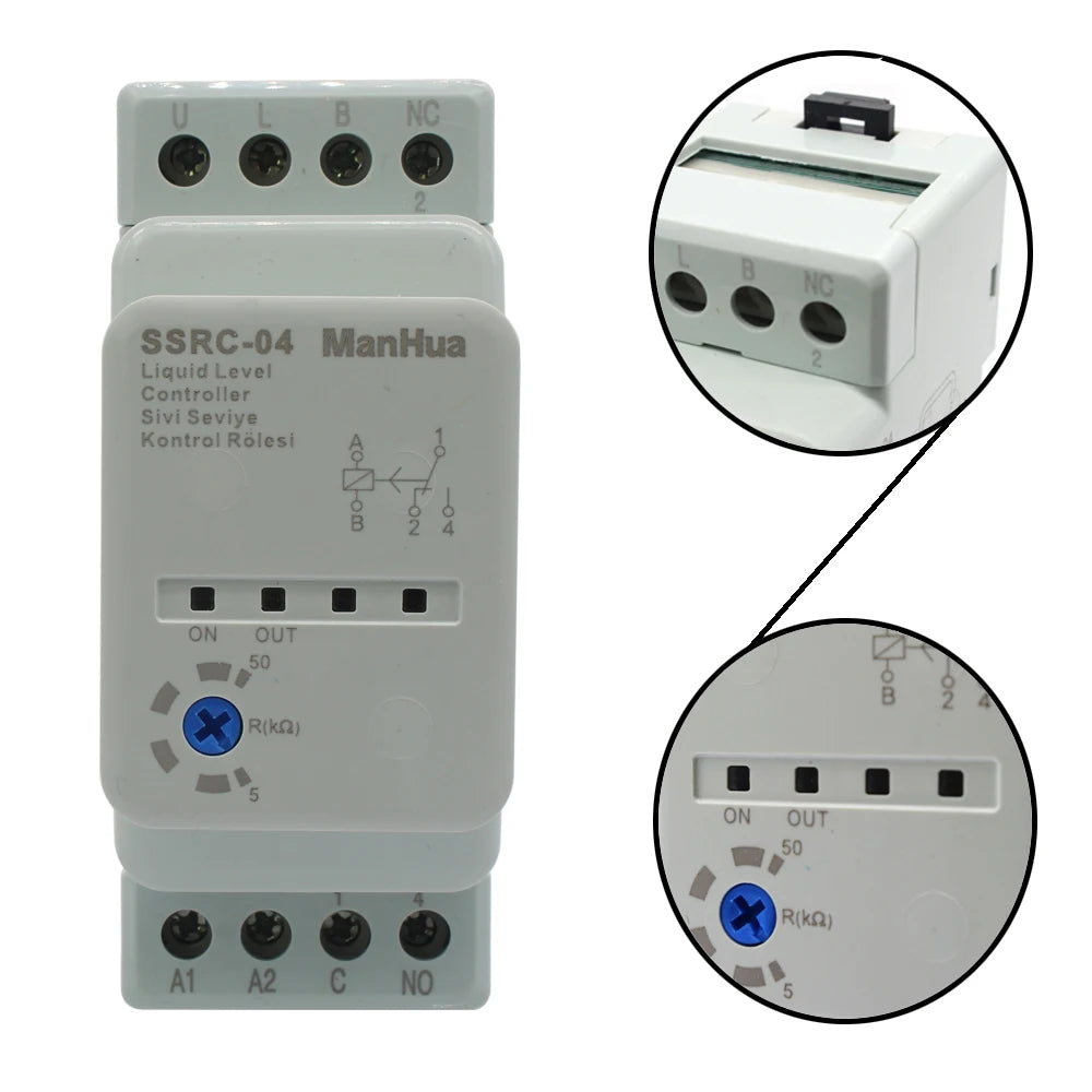 ManHua 220/230VAC 50/60Hz DIN rail SSRC-04 liquid level controller adjustable 5-50kΩ - Image 11