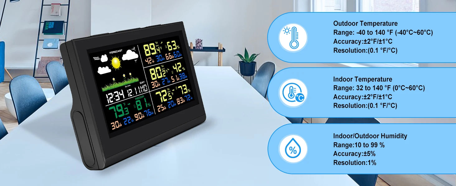 Smart Wireless Weather Station with 3 Sensors Large Color Display Indoor Outdoor Digital Thermometer Hygrometer for Home Office - Image 11