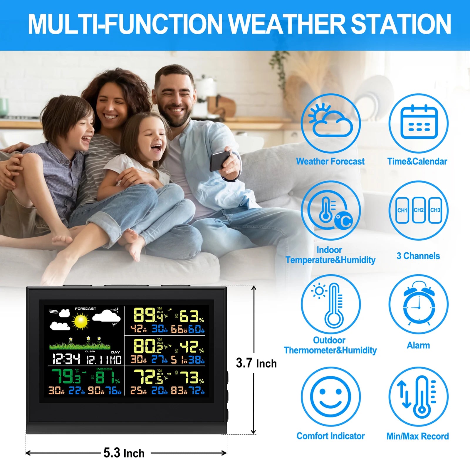 Smart Wireless Weather Station with 3 Sensors Large Color Display Indoor Outdoor Digital Thermometer Hygrometer for Home Office - Image 2
