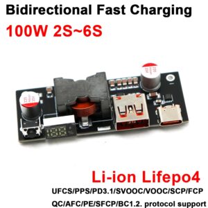 PD3.1 100W Bidirectional Fast Charger Power Bank Board Boost Buck 2S 3S 4S 5S 6S Battery Charging Discharging Li Ion Lifepo4 BMS