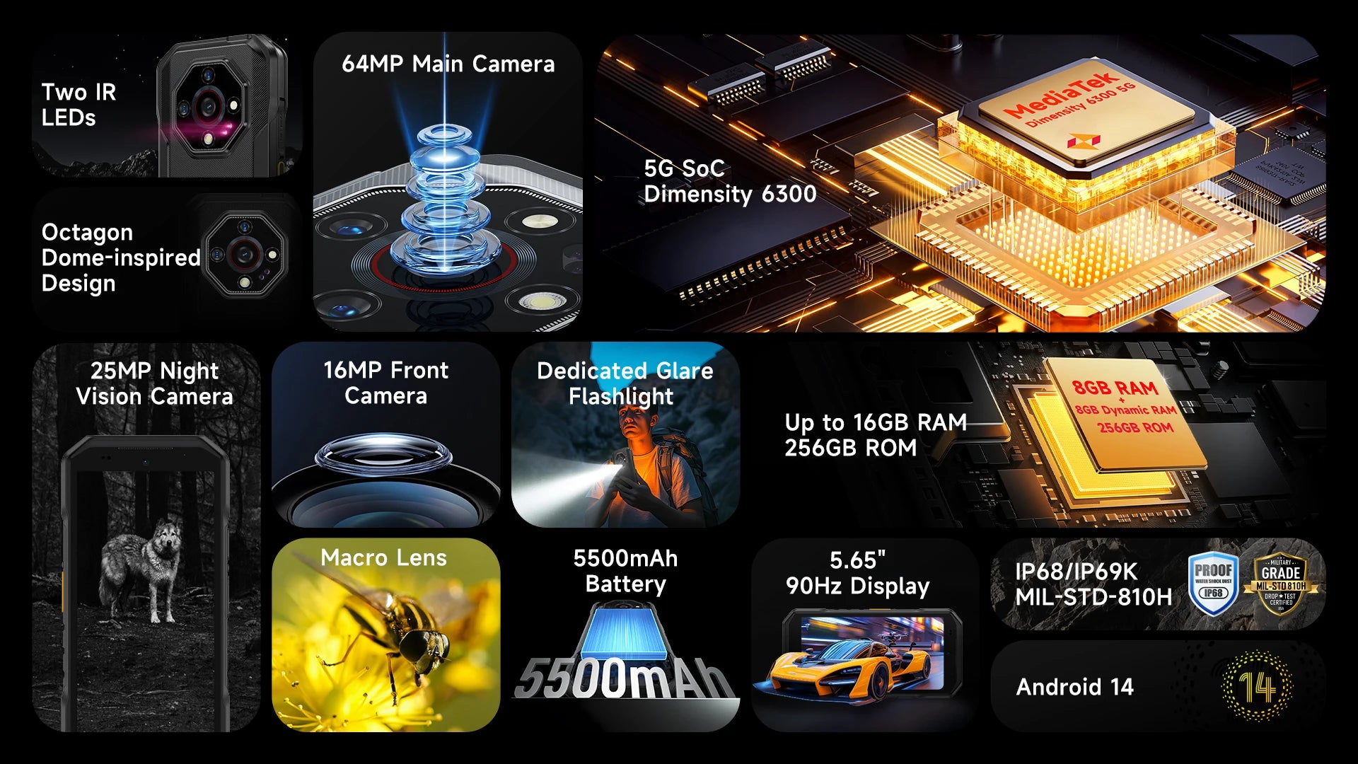 Ulefone Armor X32 Pro 5G Rugged Phone Android 14 16GB+256GB Dimensity 6300 Octa Core 64MP Camera NFC IP68/IP69K Waterproof - Image 9