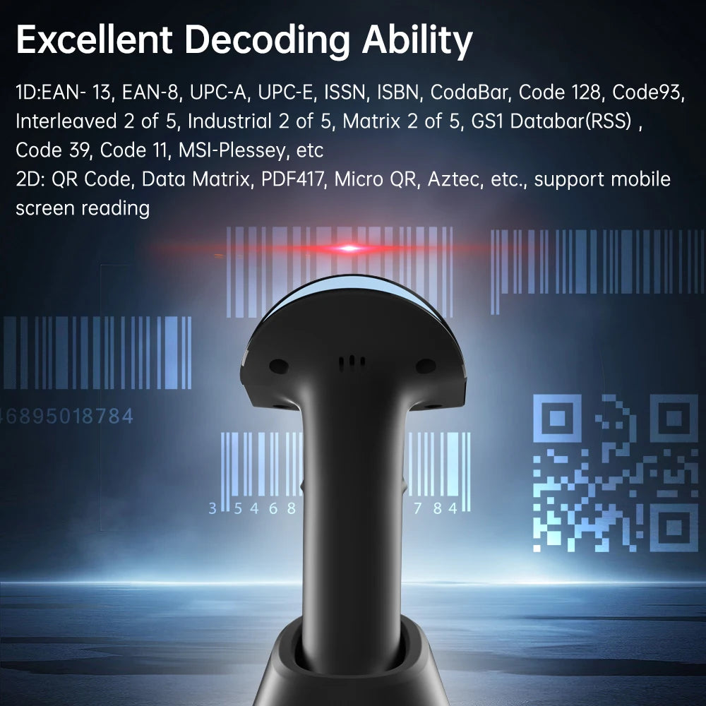 Wireless 2D 1D Barcode Scanner BT+2.4G+USB Wired High Speed Scanning with Pedestal Wireless Charging Stand and OLED Display - Image 5