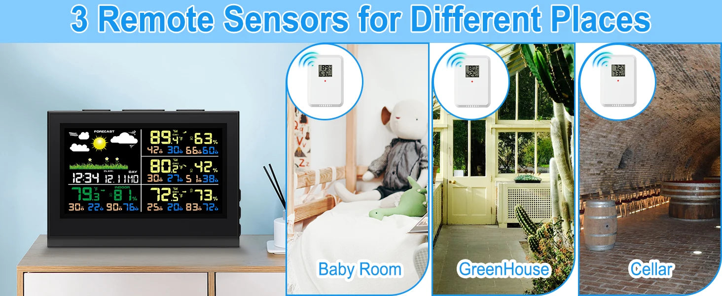 Smart Wireless Weather Station with 3 Sensors Large Color Display Indoor Outdoor Digital Thermometer Hygrometer for Home Office - Image 9