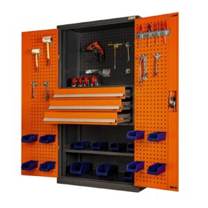 Optimize Your Workspace with a Modern Industrial 71in. Orange Tool Cabinet Lock, Drawers, Pegboard, and Quiet Wheels PULAGE