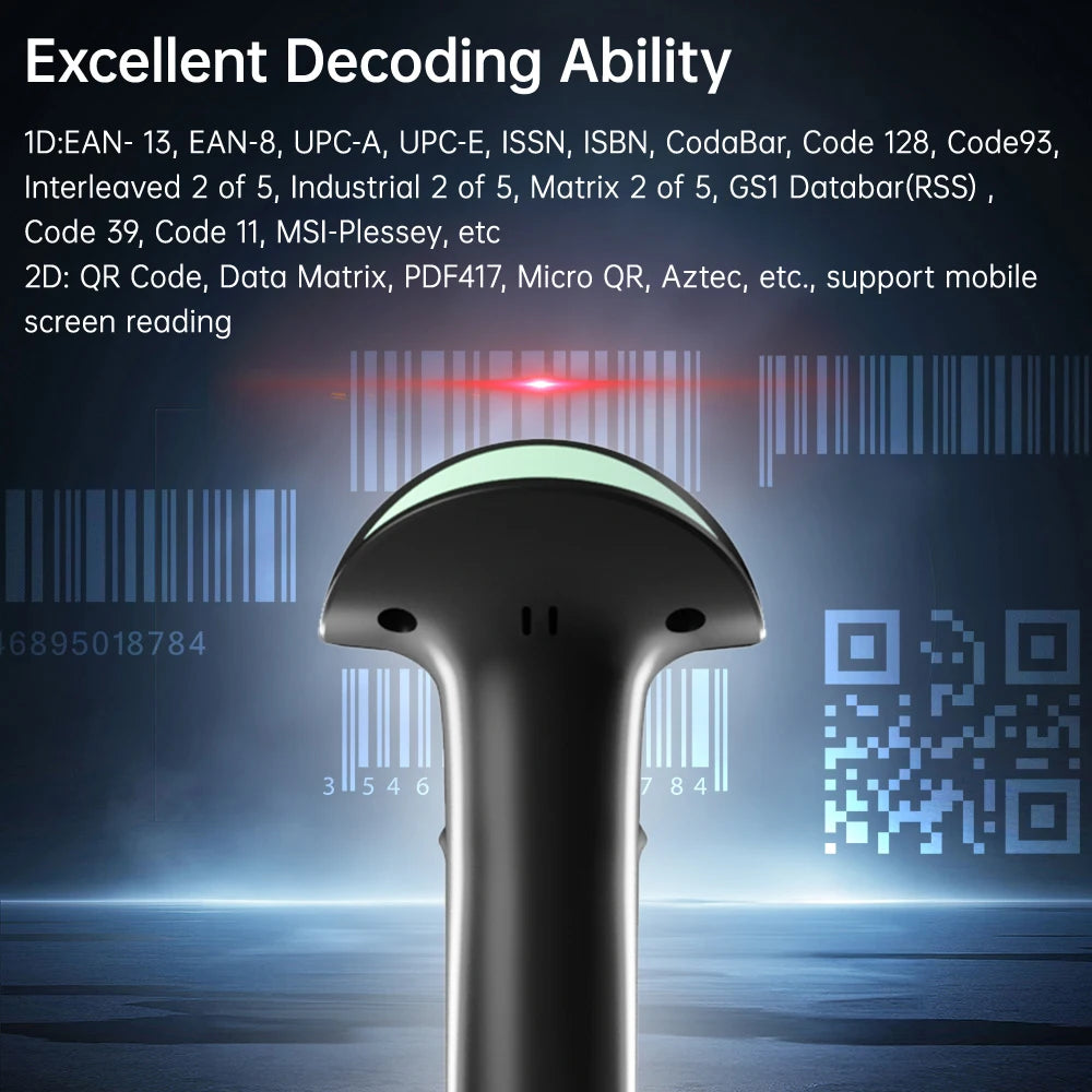 Wireless 2D 1D Barcode Scanner BT+2.4G+USB Wired High Speed Scanning with Pedestal Wireless Charging Stand and OLED Display - Image 7