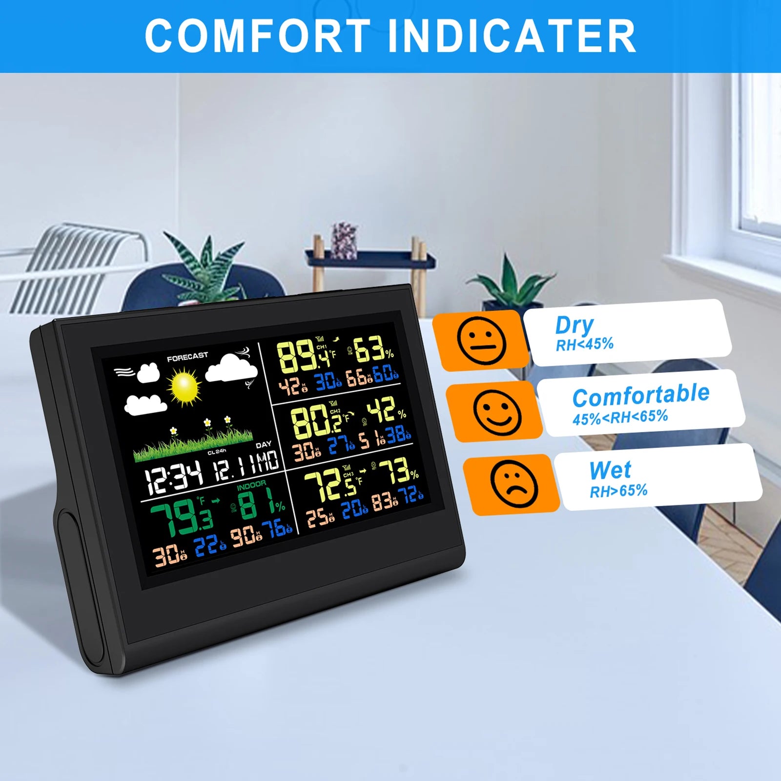 Smart Wireless Weather Station with 3 Sensors Large Color Display Indoor Outdoor Digital Thermometer Hygrometer for Home Office - Image 4