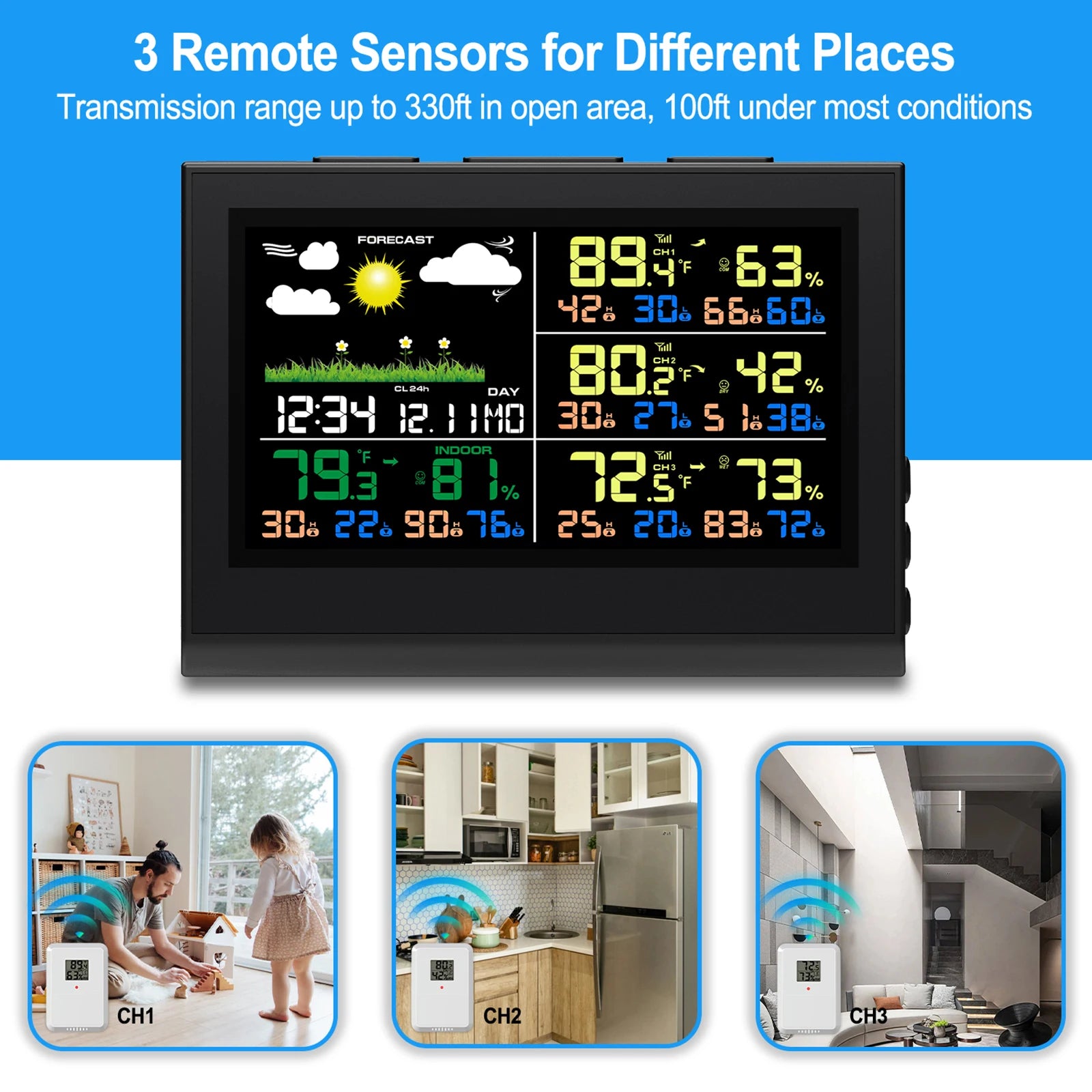 Smart Wireless Weather Station with 3 Sensors Large Color Display Indoor Outdoor Digital Thermometer Hygrometer for Home Office - Image 3